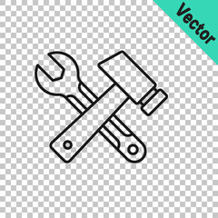 Black line Crossed hammer and wrench spanner icon isolated on transparent background. Hardware tools. Vector