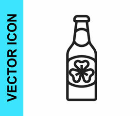 Black line Beer bottle with clover trefoil leaf icon isolated on white background. Happy Saint Patricks day. National Irish holiday. Vector