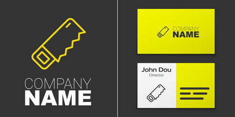 Logotype line Hand saw icon isolated on grey background. Logo design template element. Vector