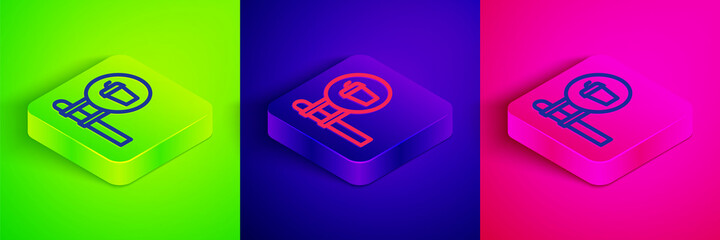 Isometric line Cafe and restaurant location icon isolated on green, blue and pink background. Fork and spoon eatery sign inside pinpoint. Square button. Vector.