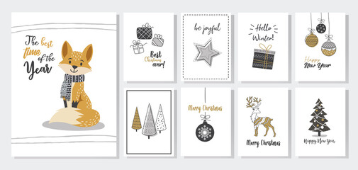Trendy Merry Christmas set cards with modern hand drawn elements and greetings. Lettering design collection. doodle and scribbles line vector.
