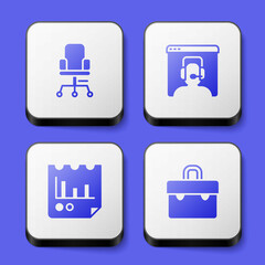 Set Office chair, Telephone 24 hours support, Document with graph chart and Briefcase icon. White square button. Vector