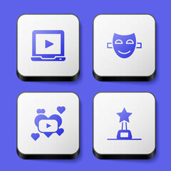 Set Online play video, Comedy theatrical mask, Romantic movie and Movie trophy icon. White square button. Vector