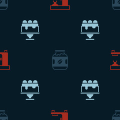 Set Coffee machine, jar bottle and Cake on seamless pattern. Vector