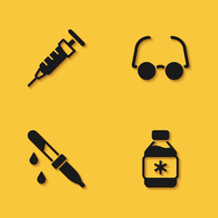 Set Syringe, Bottle of medicine syrup, Pipette and Glasses icon with long shadow. Vector