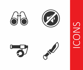 Set Knife, Binoculars, Fishing rod and Speaker mute icon. Vector