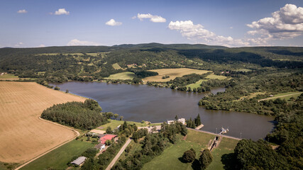 Aerial view of the Lipovina reservoir in the village of Batovce in Slovakia