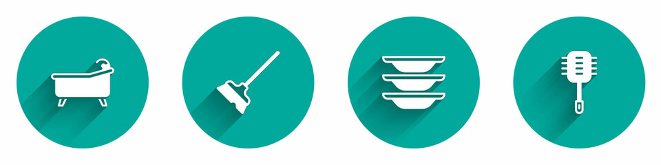 Set Bathtub, Mop, Washing dishes and Toilet brush icon with long shadow. Vector