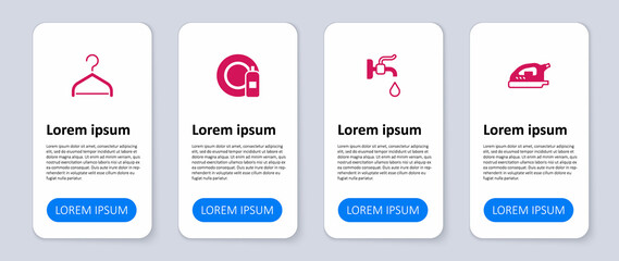 Set Electric iron, Water tap, Dishwashing bottle and plate and Hanger wardrobe. Business infographic template. Vector