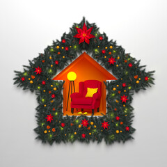 A festively decorated Christmas tree wreath in the shape of an abstract house with cozy interior in warm colors, all on a white background. 3d render design template.