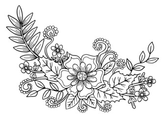 Bouquet of flowers, branches and leaves coloring page. Hand drawn floral wreath with blooming buds line art in doodle style. Black and white vector illustration.