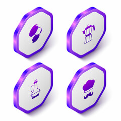 Set Isometric Olives, Coffee maker moca pot, Bottle olive oil and Italian cook icon. Purple hexagon button. Vector