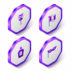 Set Isometric Carnival mask, Flag Italy, Perfume and icon. Purple hexagon button. Vector