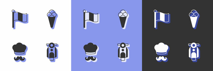 Set Scooter, Flag Italy, Italian cook and Ice cream in waffle icon. Vector
