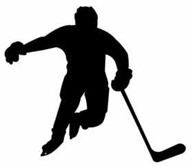 Vector silhouette of a hockey player skating on the ice of a hockey field during a hockey game with a stick in his hands