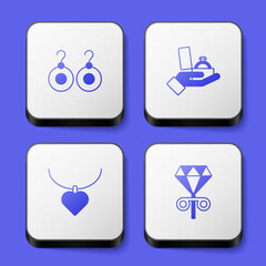 Set Earrings, Diamond engagement box, Necklace with heart shaped and Stud earrings icon. White square button. Vector