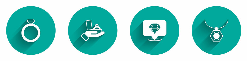 Set Diamond engagement ring, box, and Pendant necklace icon with long shadow. Vector