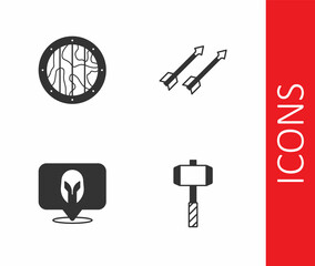 Set Battle hammer, Round wooden shield, Medieval helmet and arrows icon. Vector