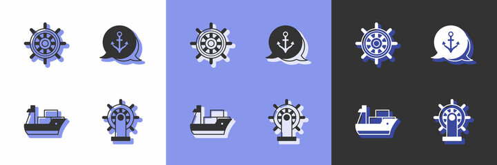 Set Ship steering wheel, Cargo ship and Anchor icon. Vector