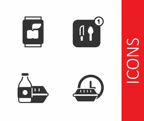 Set Round the clock delivery, Soda can, Online ordering food and Food icon. Vector