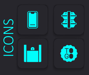 Set Coffee cup to go, Food ordering on mobile, Lunch box and Online food icon. Black square button. Vector