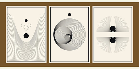 Set of three black and beige aesthetic geometric backgrounds. Minimalistic vertical poster for social media, cover design, web, home decor. Vintage illustration with stripes, shapes, circles, lines.