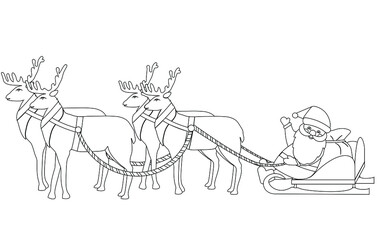 Fototapeta na wymiar Coloring book. Santa Claus rides with a bag of gifts in a sleigh on a reindeer sled. Christmas, New Year's Eve. Vector illustration with a closed contour isolated on a white background.
