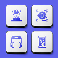 Set Hologram, Blockchain technology Bitcoin, Headphones and Cryogenic capsules icon. White square button. Vector