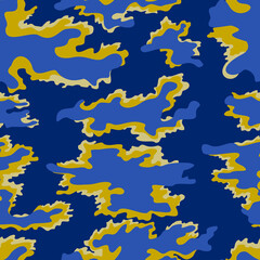 Fototapeta na wymiar Vector blue camouflage pattern, yellow spots, geometric seamless pattern, stylish coloring.