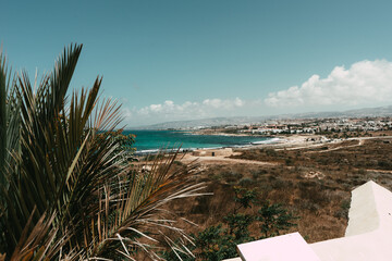 Amazing view of the Cyprus coast with palm frame. The city in the background, the azure ocean, a beautiful beach. A warm, sunny summer day. Exotic plant.