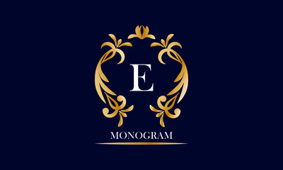 Golden elegant monogram on a black background with the inscription and the letter E in white. Vector heraldic illustration. Luxury ornament sign, restaurant, boutique, cafe, hotel