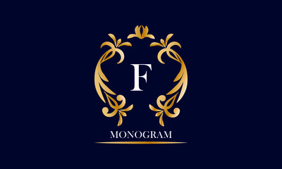 Golden elegant monogram on a black background with the inscription and the letter F in white. Vector heraldic illustration. Luxury ornament sign, restaurant, boutique, cafe, hotel