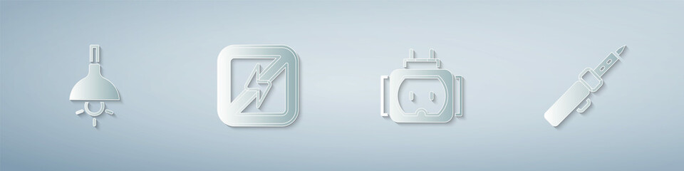 Set Lamp hanging, No lightning, Tee plug electric and Soldering iron. Paper art style. Vector