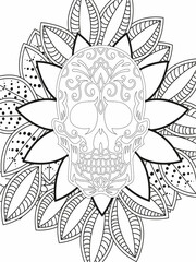 Sugar Skull flowers frame for Halloween or Day of the dead with flower elements. Hand drawn. Doodles art for greeting cards, invitation or poster. Coloring book for adult and kids.