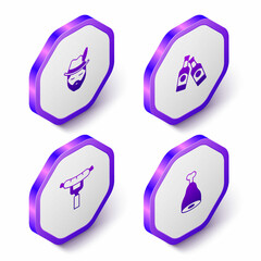 Set Isometric Oktoberfest man, Beer bottle, Sausage on the fork and Chicken leg icon. Purple hexagon button. Vector