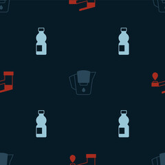 Set Water tap, jug with filter and Bottle of water on seamless pattern. Vector