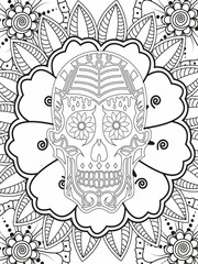 Sugar Skull flowers frame for Halloween or Day of the dead with flower elements. Hand drawn. Doodles art for greeting cards, invitation or poster. Coloring book for adult and kids.