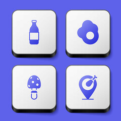 Set Bottle of wine, Scrambled egg, Fly agaric mushroom and Chicken leg icon. White square button. Vector