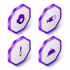 Set Isometric Scrambled egg, Salami sausage, Knife and Covered with tray of food icon. Purple hexagon button. Vector