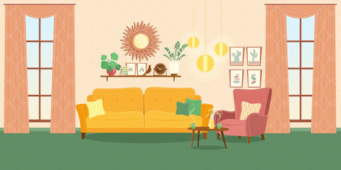 Vector set of living room furniture. Sofa, armchair, pillows, table, windows with curtains, shelf, clock, plants, cups, ceiling lamp, mirror.