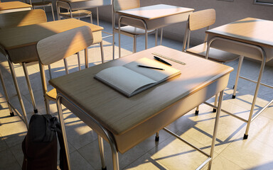 Fototapeta na wymiar Tables and chairs in the classroom with notebook,pencil and ruler.3d rendering