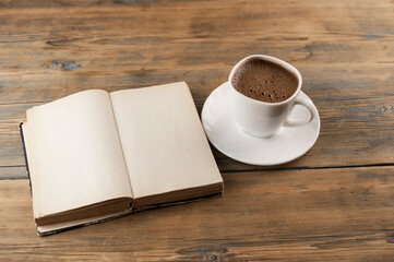 Open a blank page book and cup of coffee on the desk