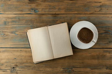 Open a blank page book and cup of coffee on the desk