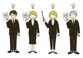 プレゼンをする多国籍なビジネスパーソンのイラストセット（提案、ひらめき、アイデアをイメージ）