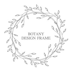 Geometric flower wreath with leaves and branches. Botany round frame isolated on white background. For wedding invitations, postcards, posters, labels of cosmetics and perfumes.