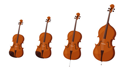 バイオリン_ビオラ_チェロ_コントラバスが並んだイラスト © ふわぷか