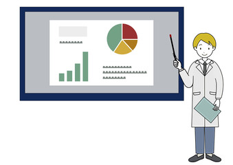 プロジェクターでプレゼン用資料を説明する男性のイラスト