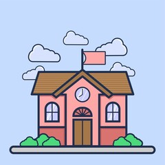 High school building icon, color, line, outline vector sign, linear style pictogram isolated on white. Symbol, logo illustration