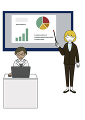 プロジェクターでプレゼン用資料を説明する女性のイラスト