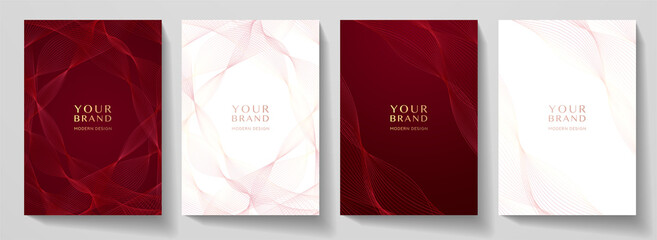 Contemporary technology cover design set. Luxury background with red line pattern (guilloche curves). Premium vector tech backdrop for business layout, digital certificate, formal brochure template